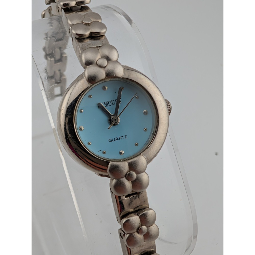 Rumours Watch Women 21mm Case Blue Dial‎ Silver Flower 6" Band- New Battery